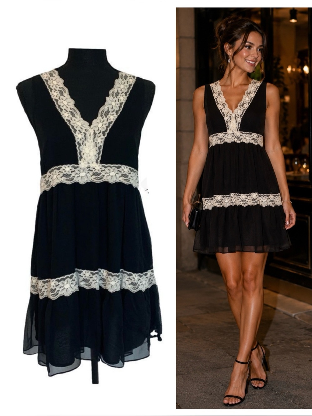 Amanda Uprichard Black Silk Babydoll Dress Cream Lace Trim Sz XS NWT